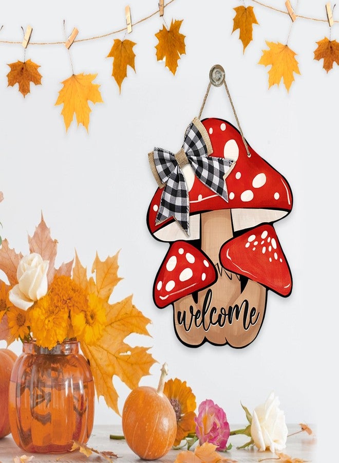 Deroro Welcome Fall Mushroom Sign for Front Door Decor, Autumn Buffalo Plaid Check Bow Wood Door Hanger for Outdoor Outside Porch, Seasonal Wooden Wreath Indoor Wall Hanging Decoration - Image 4